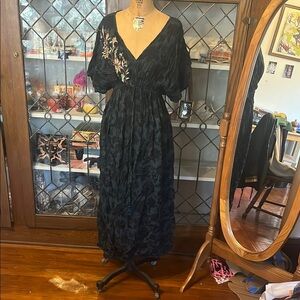 Cost Plus World Market Black Maxi Dress with Floral Embroidery